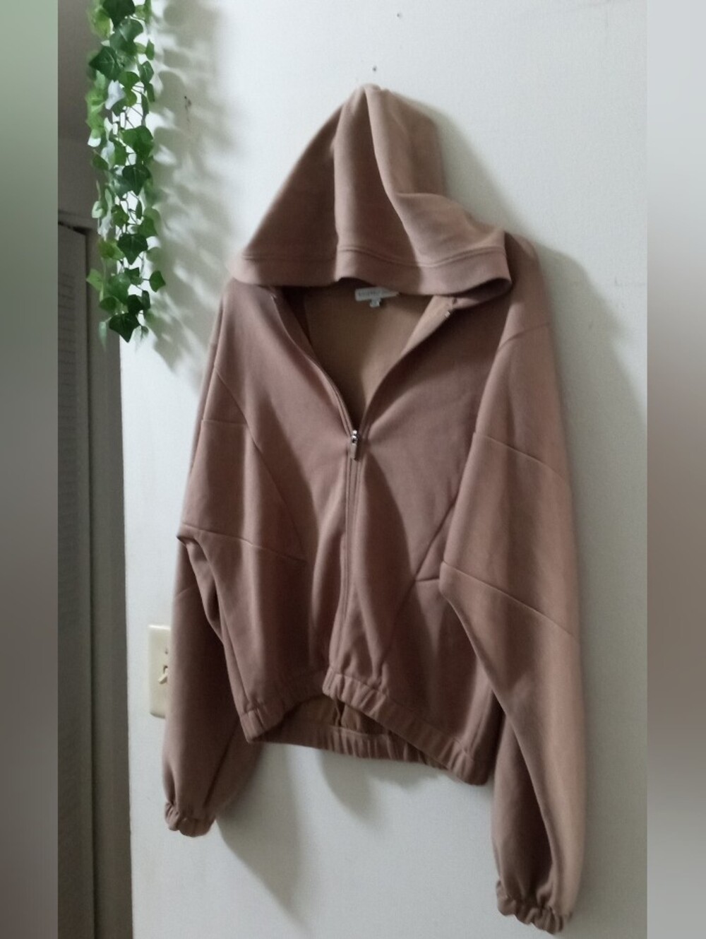 Sincerly Jules Zip-Front Hooded Sweatshirt in Taupe